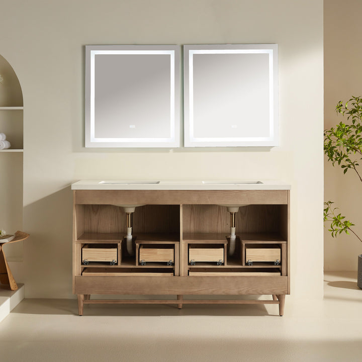 Elora 60" Antique Oak Solid Wood Double Sink Freestanding Bathroom Vanity with White Quartz Countertop &amp; 2 Undermount Sinks | Modern Vanity Canada