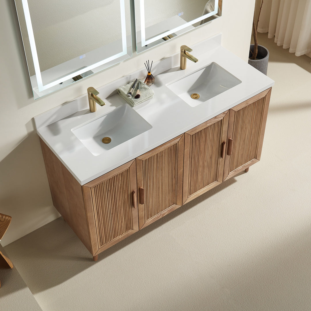 Modern 60 inch antique oak solid wood double sink bathroom vanity depth 22 inches freestanding