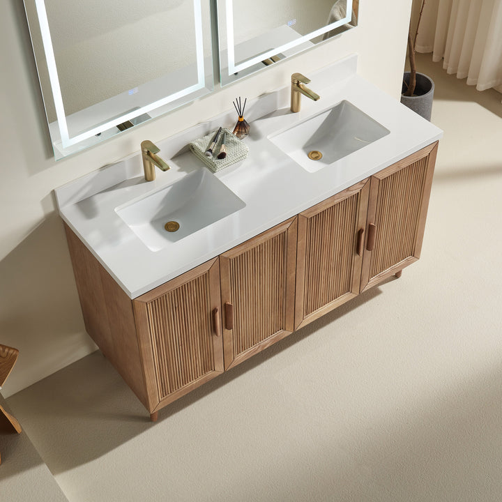 Modern 60 inch antique oak solid wood double sink bathroom vanity depth 22 inches freestanding