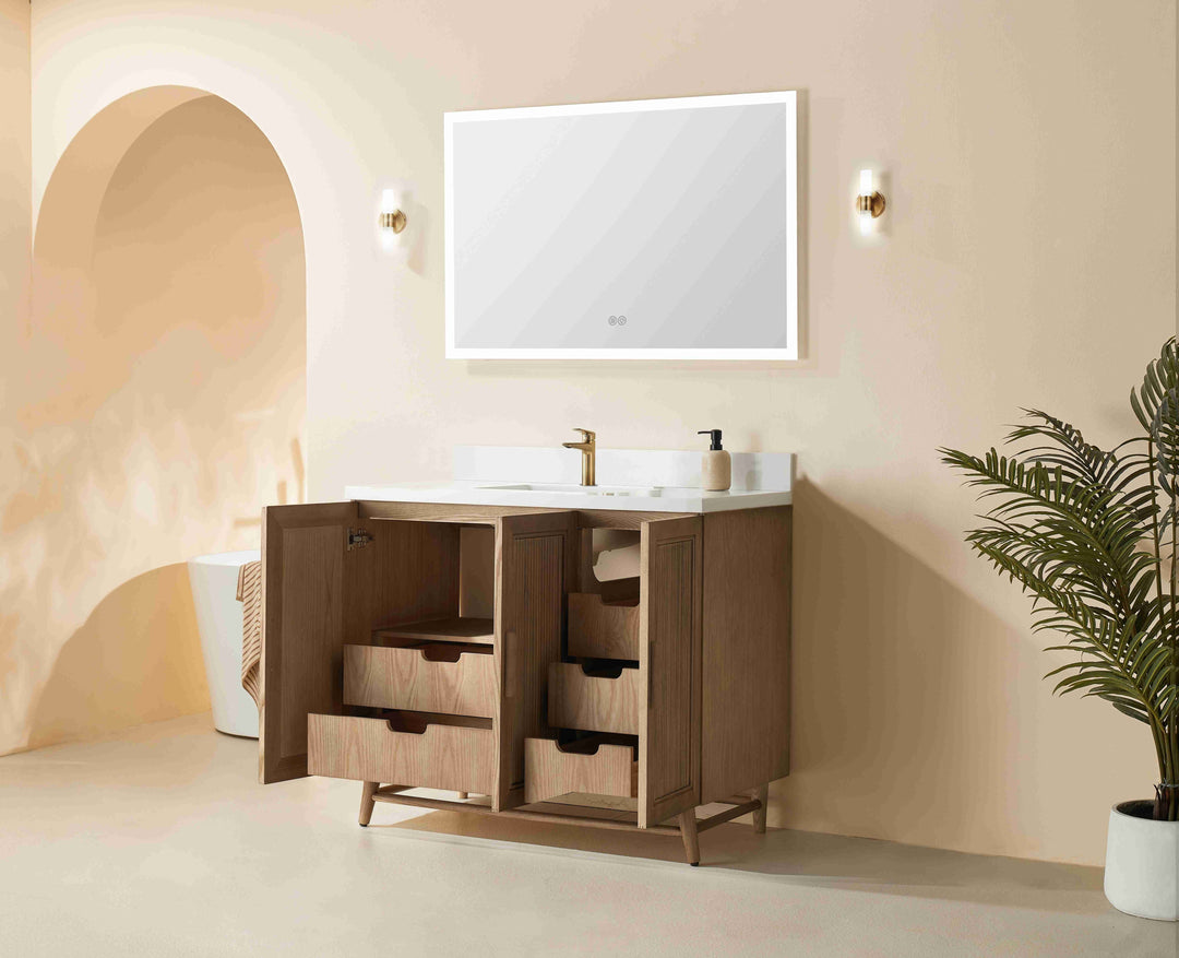 Elora 42 inch vanity 5 hidden drawers and 3 soft-close cabinet doors antique oak