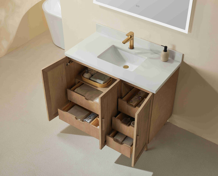 Elora 42 inch vanity 5 hidden drawers and 3 soft-close cabinet doors antique oak