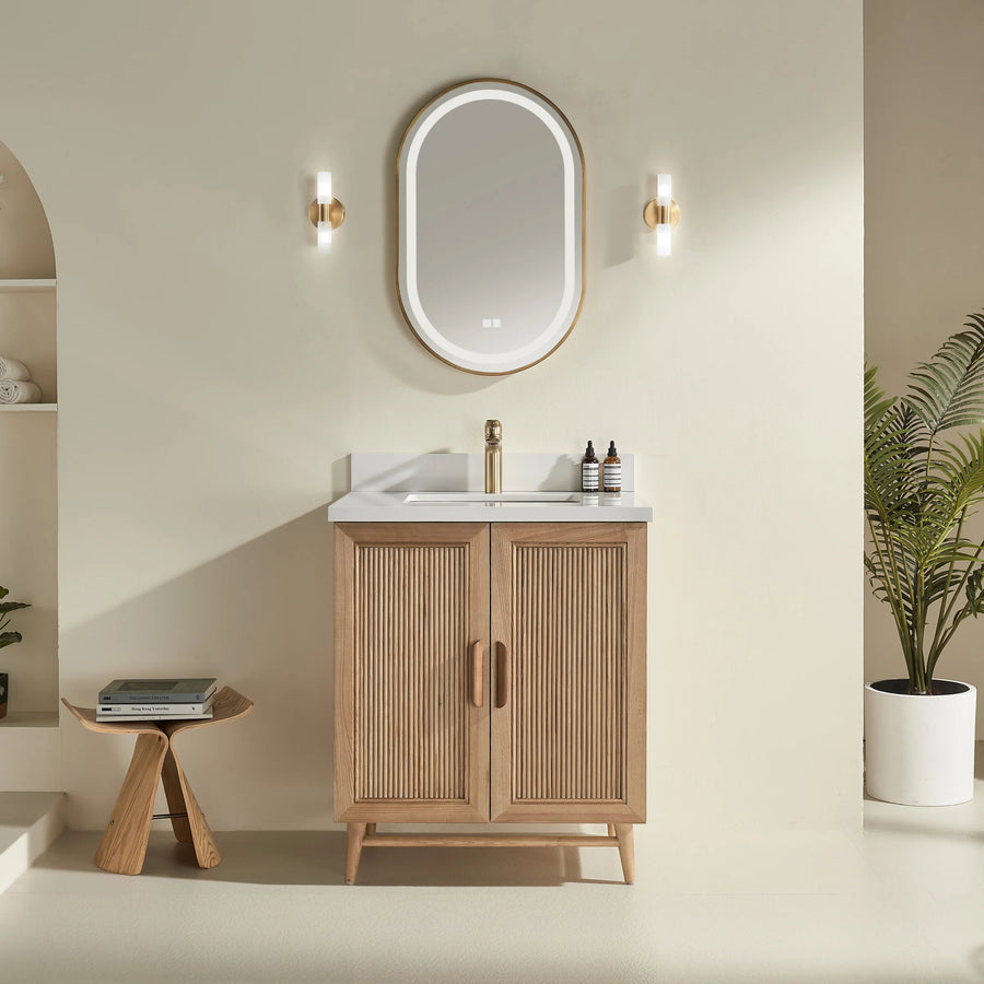 Solid wood vanity with Antique Oak finish and white quartz top. Elegant design with soft-close storage. Free Canada-wide shipping.