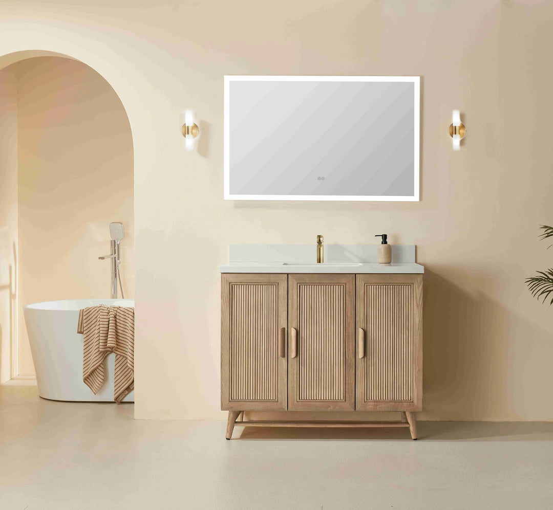 Solid wood vanity in Antique Oak with white quartz top and backsplash. Soft-close doors, hidden drawers, and timeless elegance. Free Canada-wide shipping.