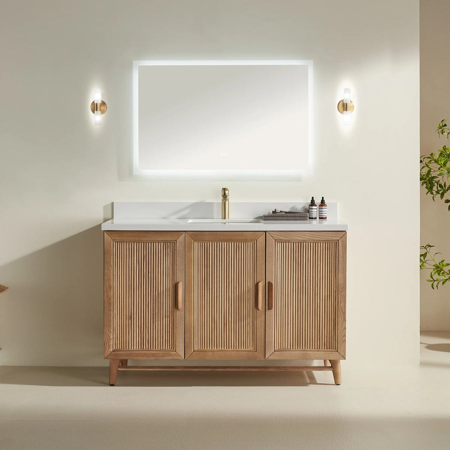 54″ solid wood vanity in Antique Oak with quartz top and ceramic sink. Soft-close storage and timeless design. Free Canada-wide shipping.
