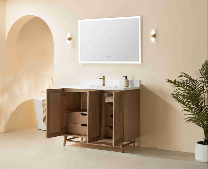 Elora 42" Antique Oak Solid Wood Freestanding Bathroom Vanity with Quartz Countertop &amp; Undermount Sink | Modern Single Sink Vanity Canada