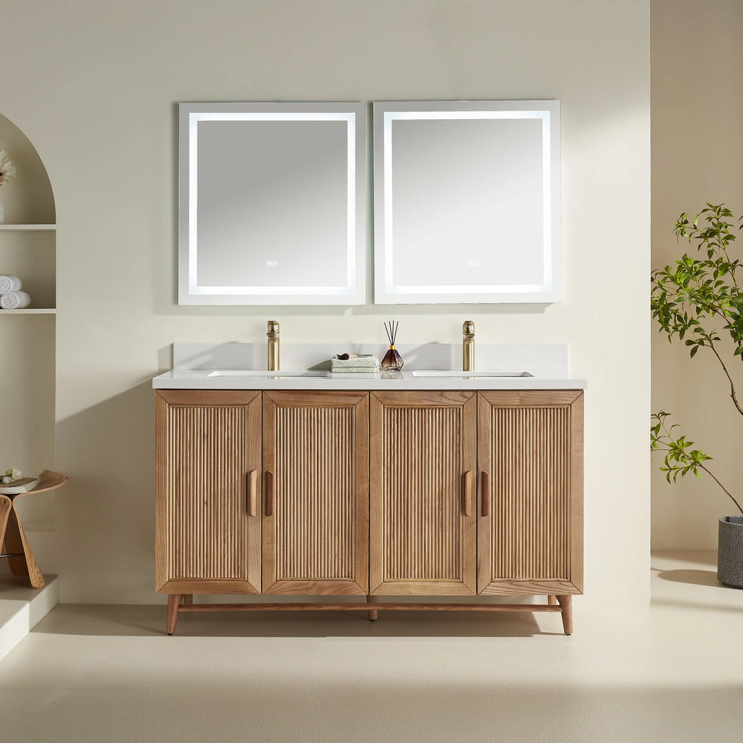 60″ solid wood double vanity in Antique Oak with quartz top and dual sinks. Elegant storage for master bathrooms. Free Canada-wide shipping.