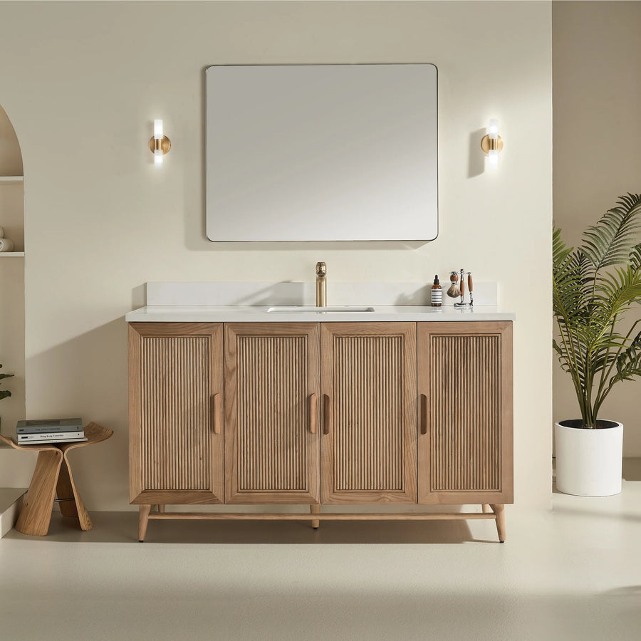 60″ solid wood vanity in Antique Oak with quartz top and ceramic sink. Elegant design with soft-close storage. Free Canada-wide shipping.