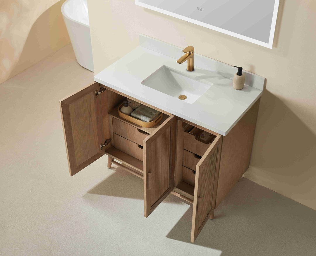 Elora 42" Antique Oak Solid Wood Freestanding Bathroom Vanity with Quartz Countertop &amp; Undermount Sink | Modern Single Sink Vanity Canada