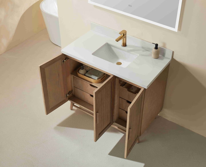 Elora 42" Antique Oak Solid Wood Freestanding Bathroom Vanity with Quartz Countertop &amp; Undermount Sink | Modern Single Sink Vanity Canada