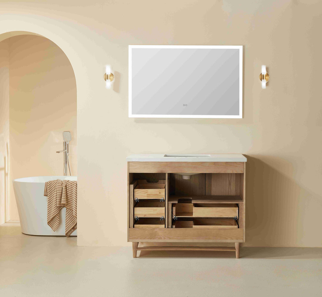 Elora 42" Antique Oak Solid Wood Freestanding Bathroom Vanity with Quartz Countertop &amp; Undermount Sink | Modern Single Sink Vanity Canada