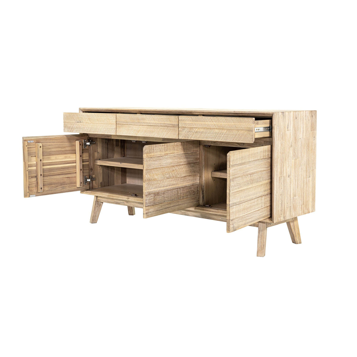 Tide sideboard interior shelving solid acacia light driftwood finish