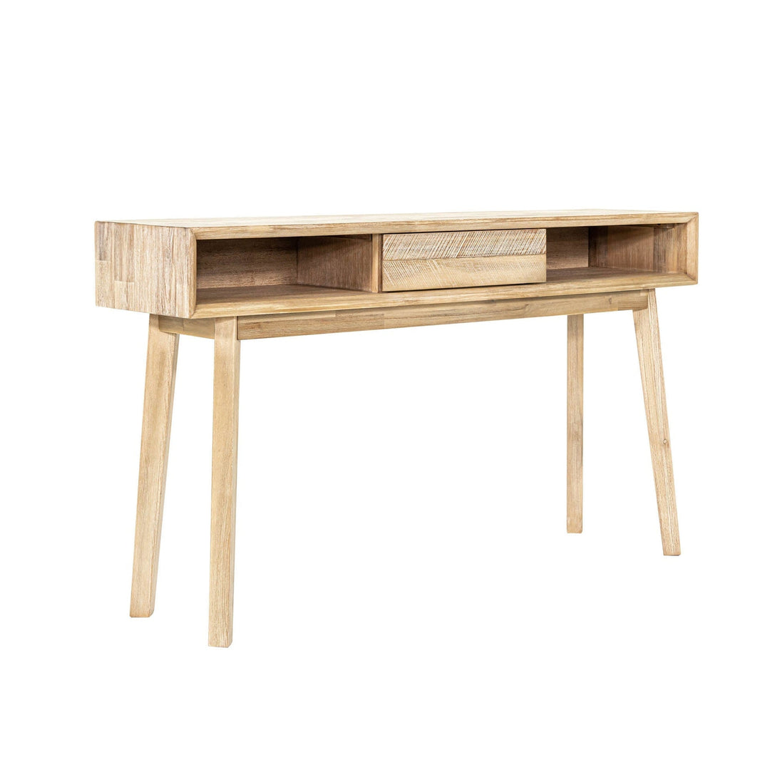 Wooden desk with a minimalist design on a white background