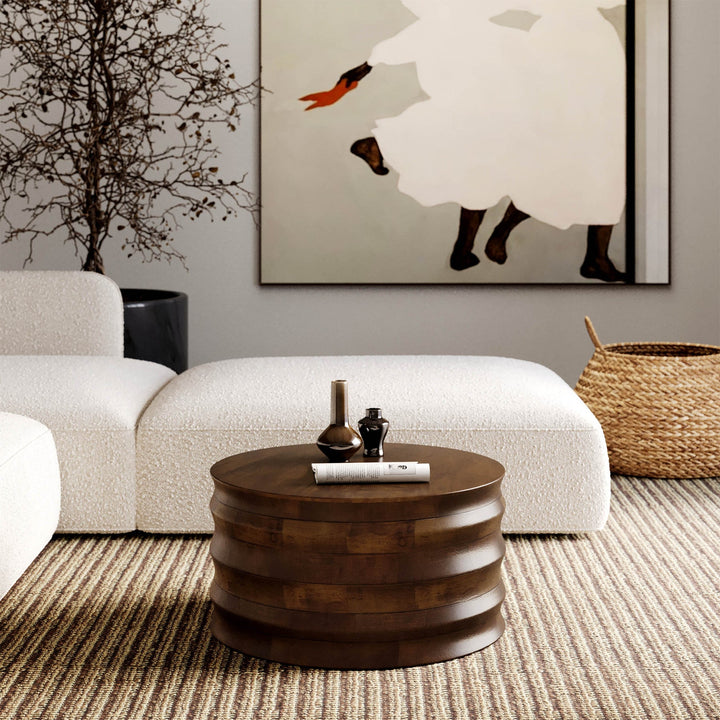 Koda mango wood square coffee table styled in modern Canadian living room