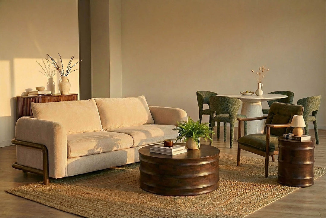 Koda 30" Solid Mango Wood Coffee Table ,Walnut Finish , Bold Sculptural Square Living Room Table