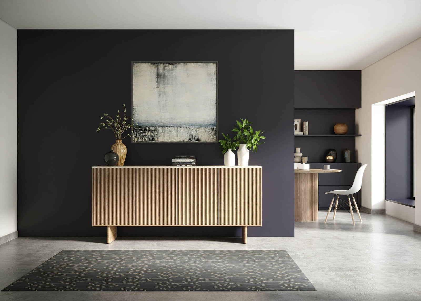 Calla sideboard white marble top fluted mango wood in natural Canadian living room
