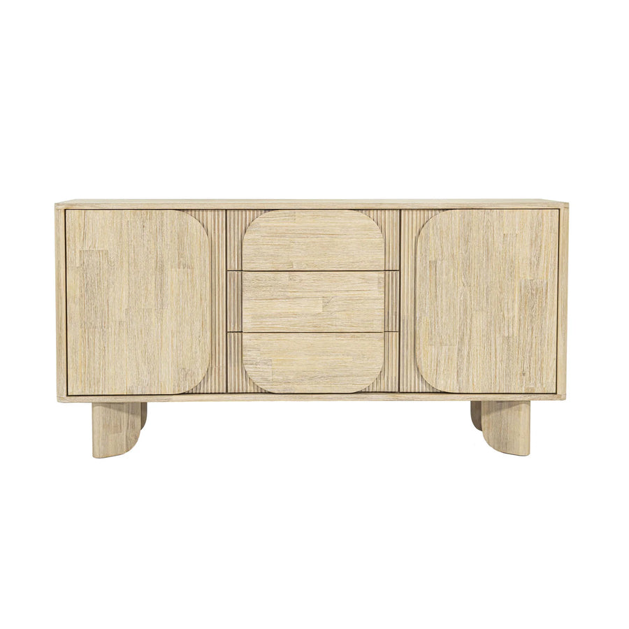 Soft-close drawers and catch handles on Haru acacia sideboard