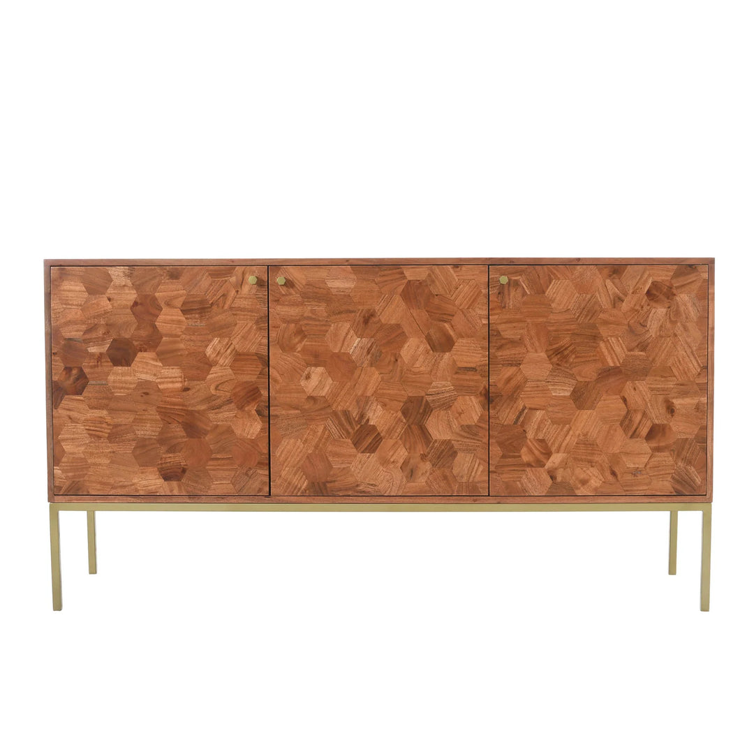 Handcrafted acacia sideboard with hexagon design and antique brass base. Elegant storage for modern homes. Free Canada-wide shipping.