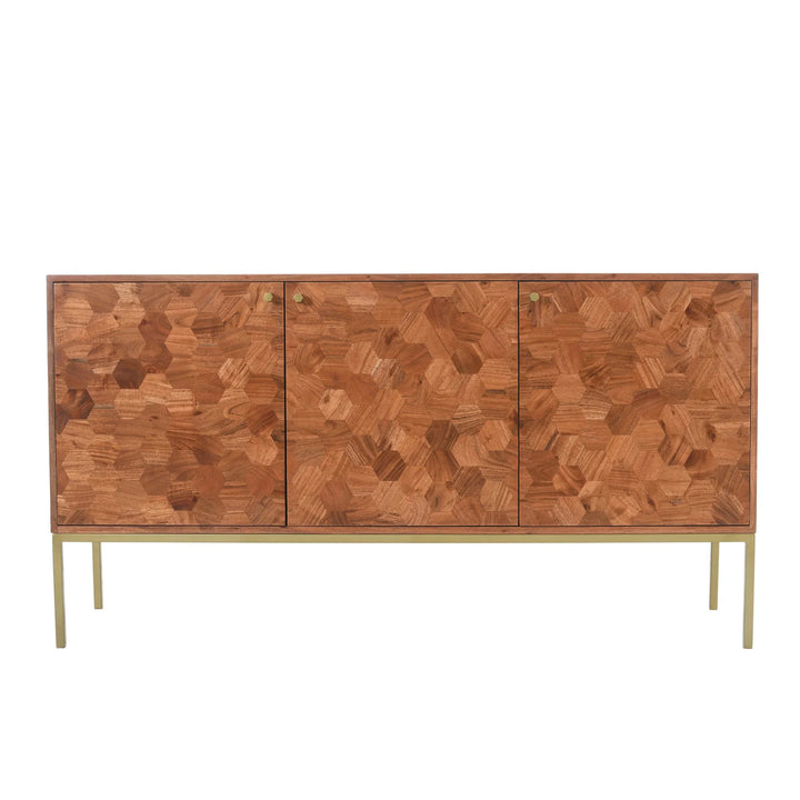 Handcrafted acacia sideboard with hexagon design and antique brass base. Elegant storage for modern homes. Free Canada-wide shipping.