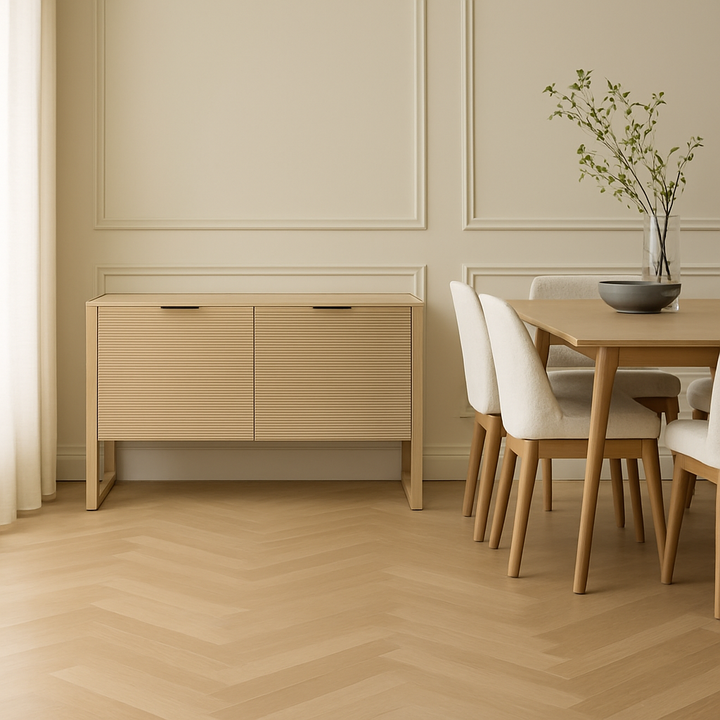 Close-up of natural ash veneer texture on Irving sideboard doors