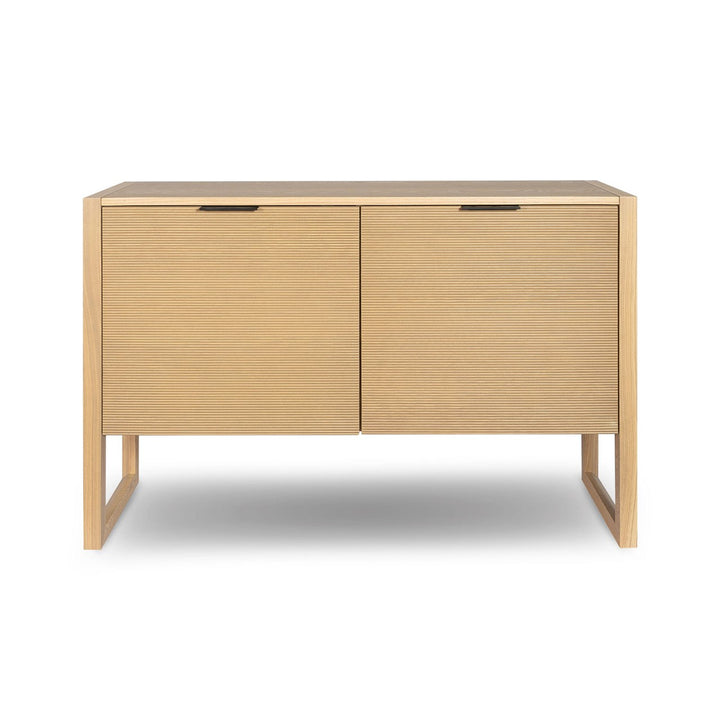 Compact ash veneer sideboard with sleek runner legs and adjustable shelves. Perfect for condos and modern spaces. Free Canada-wide shipping.