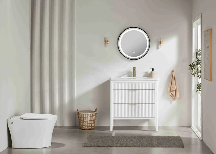 36″ solid wood vanity in white with gold hardware and quartz top. Elegant storage and premium craftsmanship. Free Canada-wide shipping.