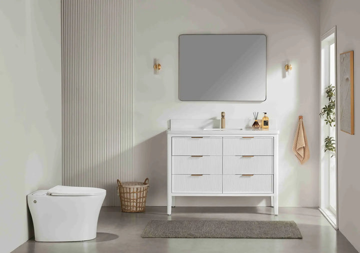 48″ white solid wood vanity with gold hardware and quartz top. Elegant design with ample storage. Free Canada-wide shipping.
