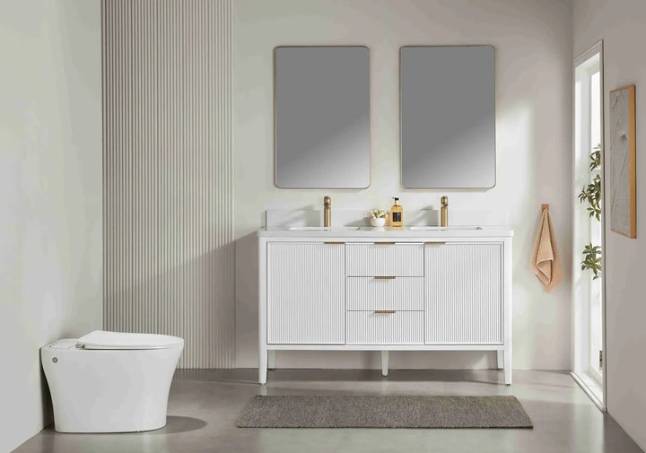 60″ white double vanity with gold hardware and quartz top. Solid wood, soft-close storage, and dual sinks. Free Canada-wide shipping.