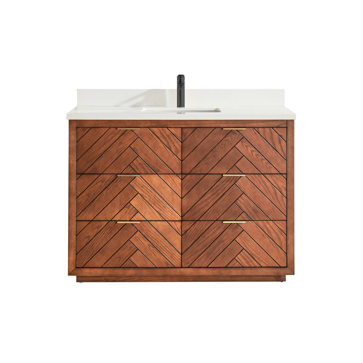 Mira 48" Walnut Solid Wood Freestanding Bathroom Vanity with Quartz Countertop &amp; Undermount Sink | Modern Single Sink Vanity Canada