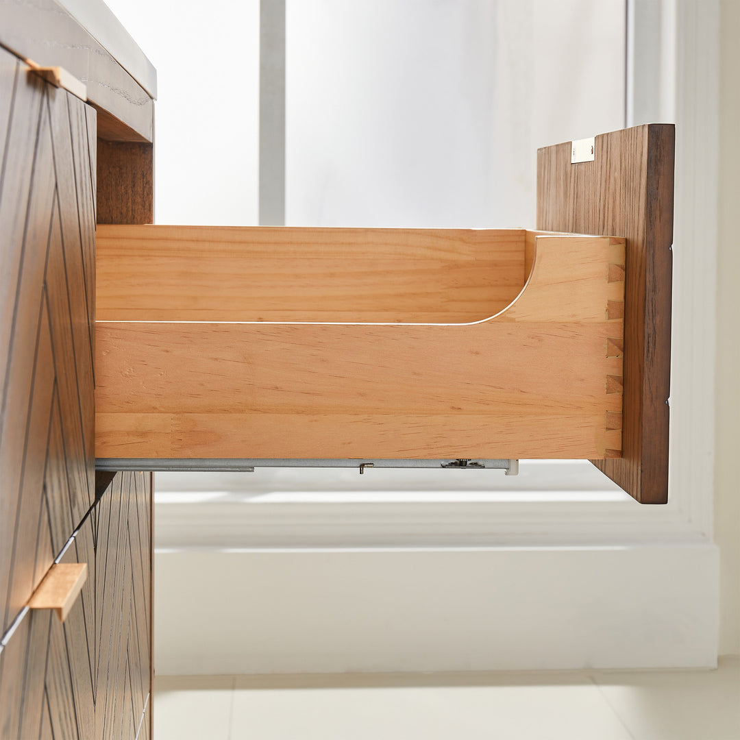 Mira 48 inch vanity 6 dovetail drawers with soft-close hardware and plumbing U-cut