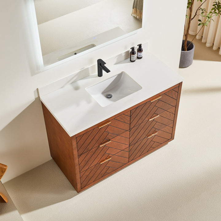 Mira 48" Walnut Solid Wood Freestanding Bathroom Vanity with Quartz Countertop &amp; Undermount Sink | Modern Single Sink Vanity Canada