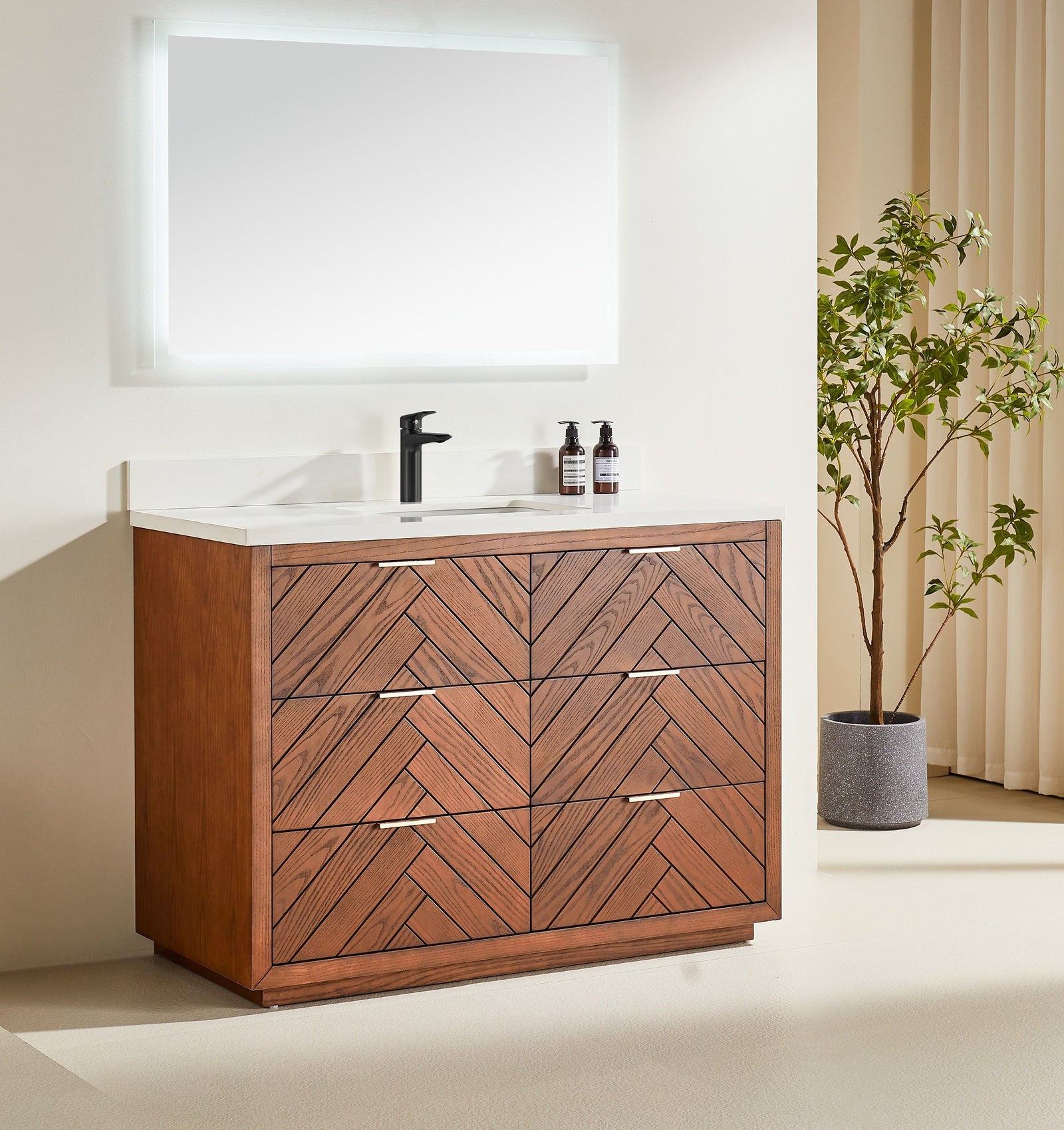 Mira 48 inch walnut freestanding bathroom vanity with quartz countertop and undermount sink Canada
