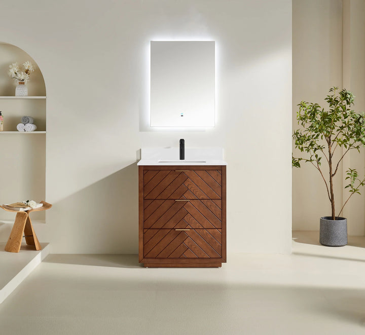 Solid walnut wood vanity with quartz top and backsplash. Two soft-close drawers and premium DTC hardware. Free Canada-wide shipping.