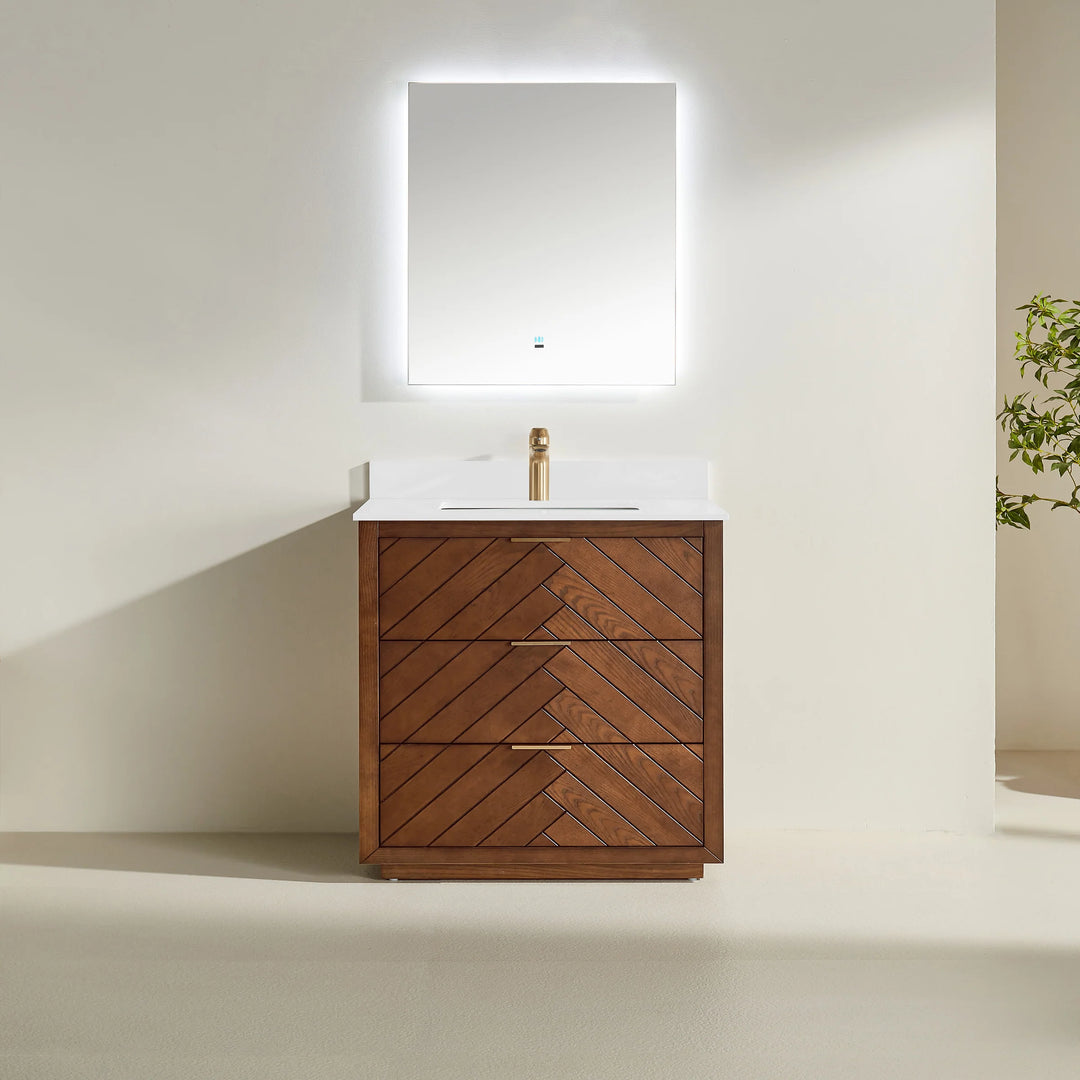Solid walnut wood vanity with quartz top and backsplash. Soft-close drawers and DTC hardware for modern elegance. Free Canada-wide shipping.