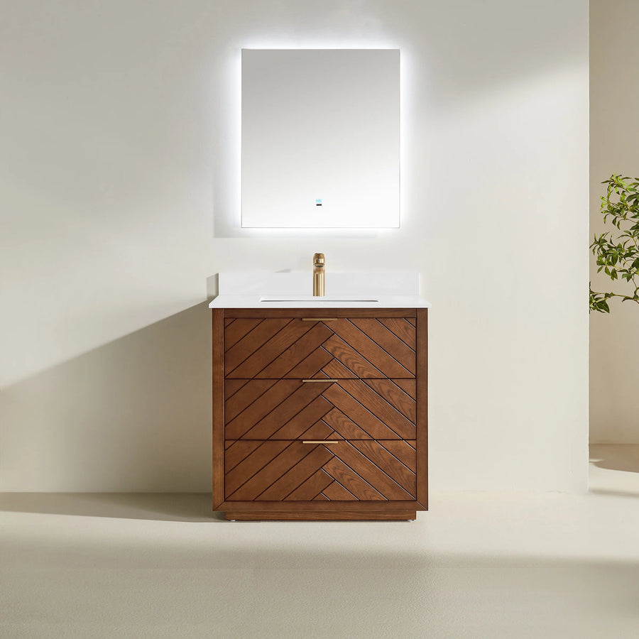 Solid walnut wood vanity with quartz top and backsplash. Soft-close drawers and DTC hardware for modern elegance. Free Canada-wide shipping.
