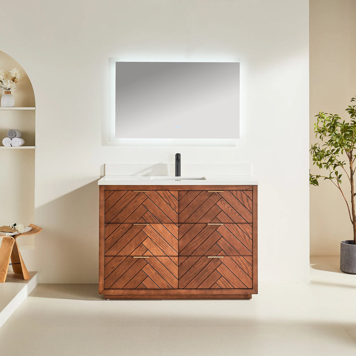 48″ solid walnut vanity with quartz top and backsplash. Six soft-close drawers with U-cut design and ceramic sink. Free Canada-wide shipping.