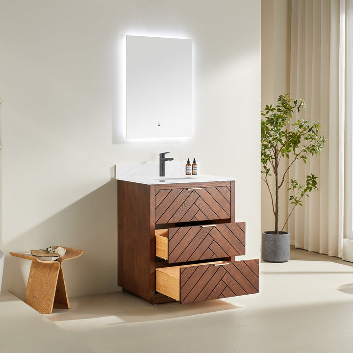 Mira 30" Walnut Solid Wood Freestanding Bathroom Vanity with Quartz Countertop | Modern Single Sink Vanity Canada