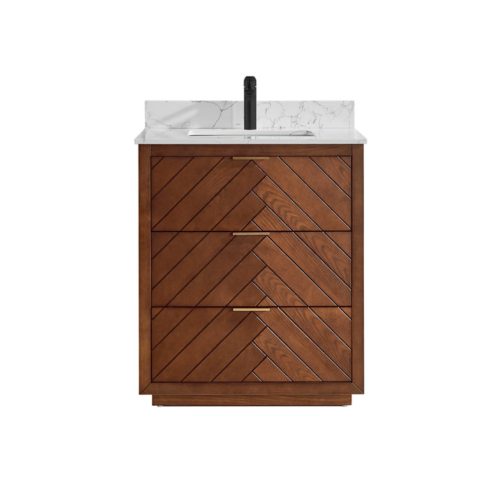 Mira 30" Walnut Solid Wood Freestanding Bathroom Vanity with Quartz Countertop | Modern Single Sink Vanity Canada