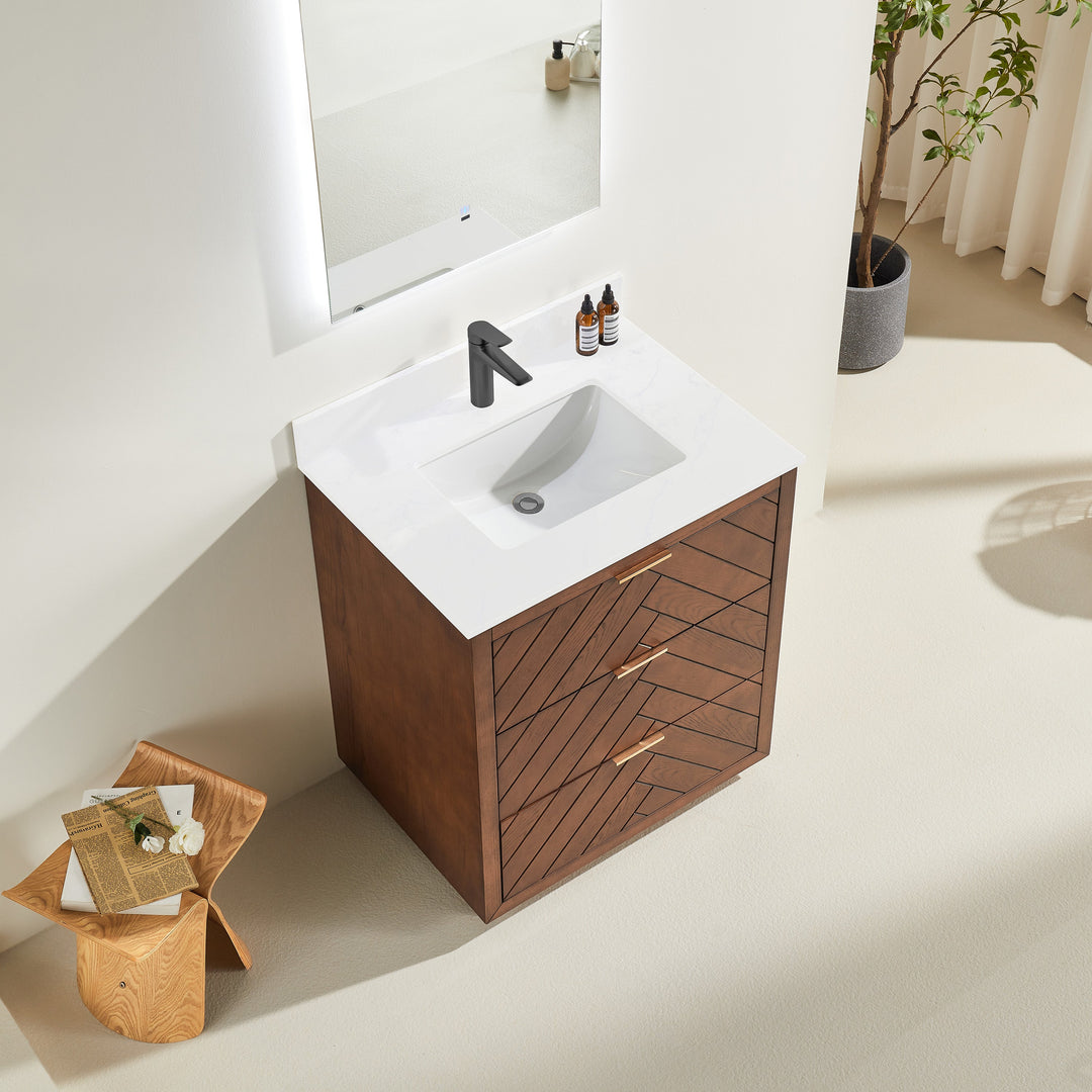 Mira 30" Walnut Solid Wood Freestanding Bathroom Vanity with Quartz Countertop | Modern Single Sink Vanity Canada