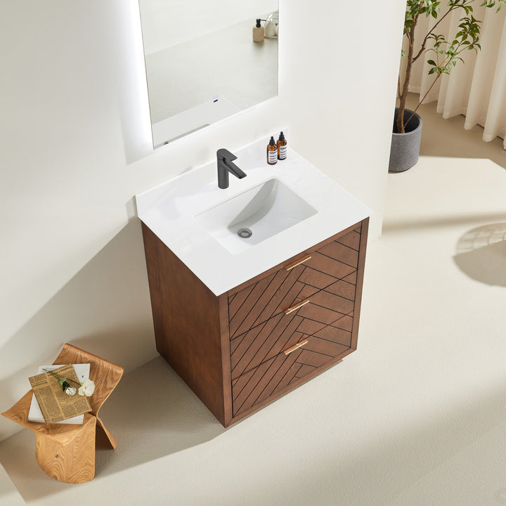 Mira 30" Walnut Solid Wood Freestanding Bathroom Vanity with Quartz Countertop | Modern Single Sink Vanity Canada