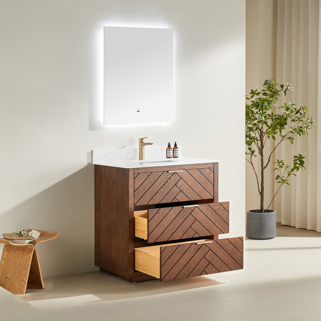 Mira 36" Walnut Solid Wood Freestanding Bathroom Vanity with Quartz Countertop | Modern Single Sink Vanity Canada