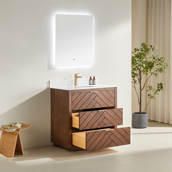 Mira 36" Walnut Solid Wood Freestanding Bathroom Vanity with Quartz Countertop | Modern Single Sink Vanity Canada