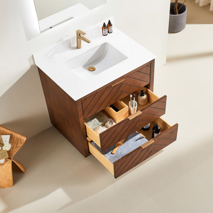 Mira 36" Walnut Solid Wood Freestanding Bathroom Vanity with Quartz Countertop | Modern Single Sink Vanity Canada