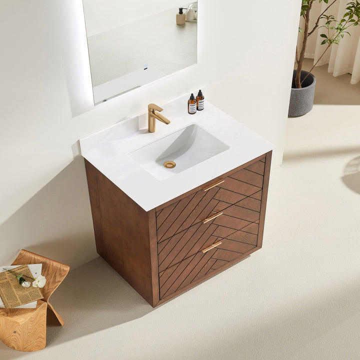 Modern 36 inch walnut solid wood bathroom vanity depth 22.5 inches freestanding