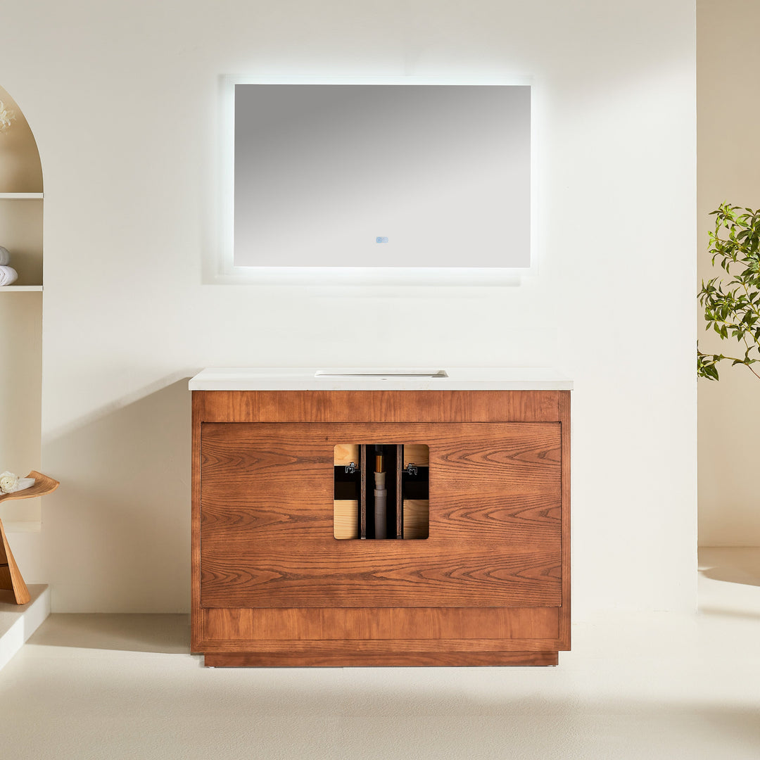 Mira 48" Walnut Solid Wood Freestanding Bathroom Vanity with Quartz Countertop &amp; Undermount Sink | Modern Single Sink Vanity Canada