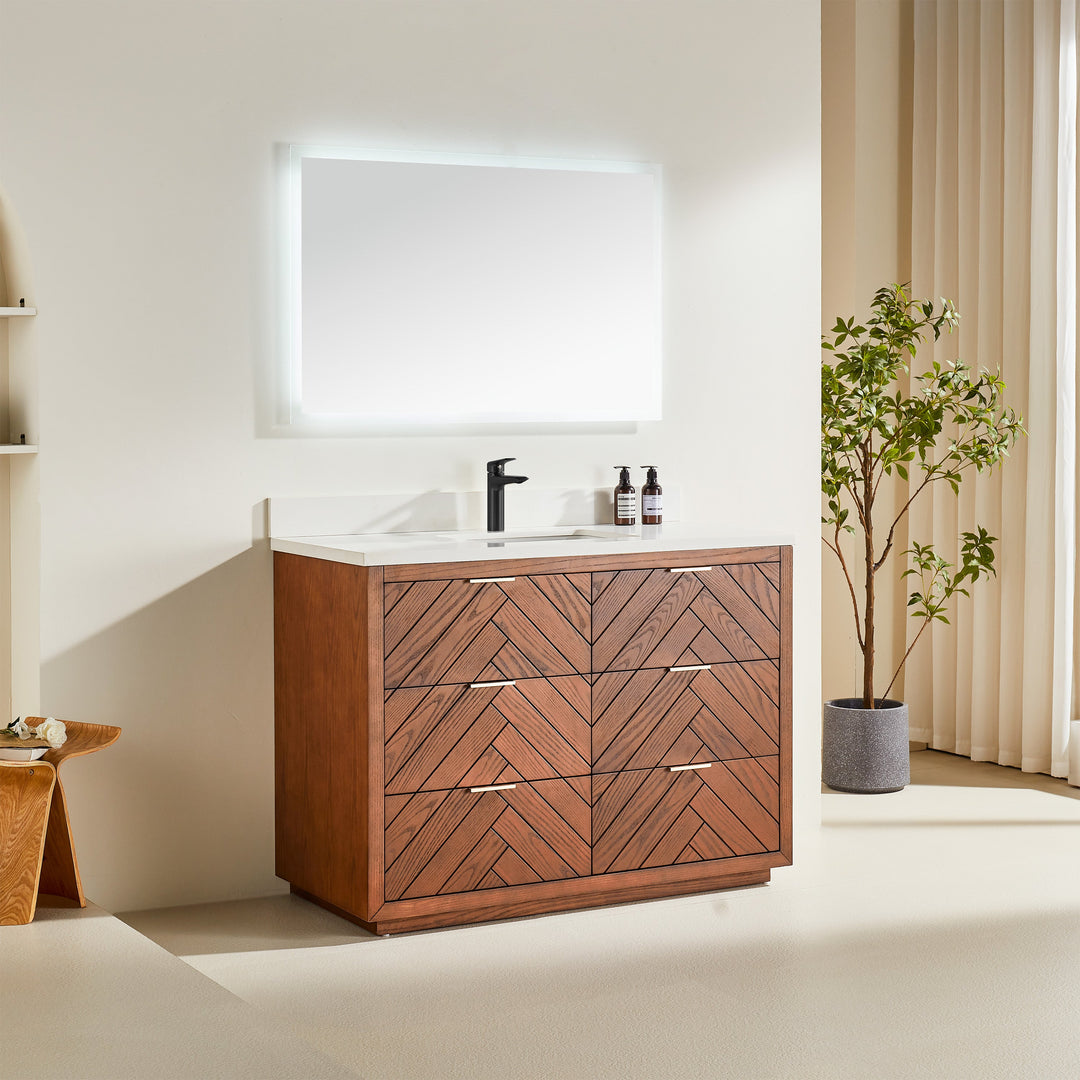 Mira 48" Walnut Solid Wood Freestanding Bathroom Vanity with Quartz Countertop &amp; Undermount Sink | Modern Single Sink Vanity Canada