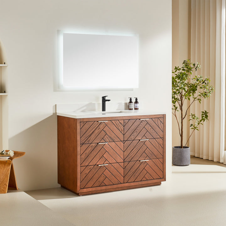 Mira 48" Walnut Solid Wood Freestanding Bathroom Vanity with Quartz Countertop &amp; Undermount Sink | Modern Single Sink Vanity Canada