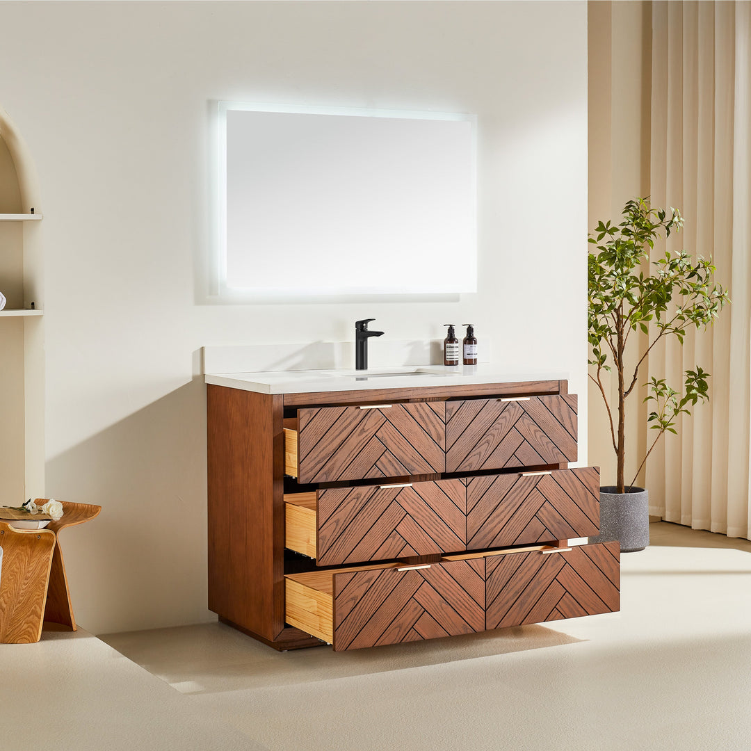 Mira 48" Walnut Solid Wood Freestanding Bathroom Vanity with Quartz Countertop &amp; Undermount Sink | Modern Single Sink Vanity Canada