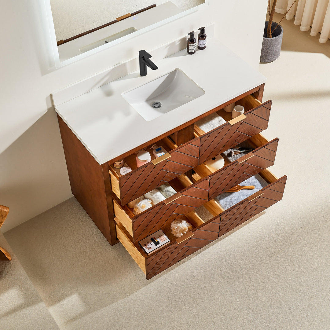 Mira 48" Walnut Solid Wood Freestanding Bathroom Vanity with Quartz Countertop &amp; Undermount Sink | Modern Single Sink Vanity Canada