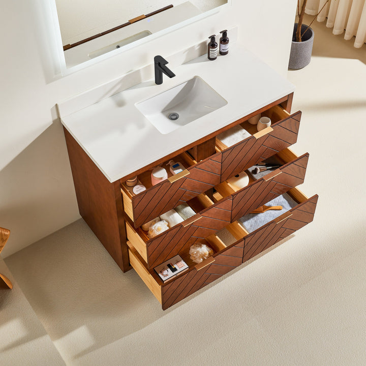 Mira 48" Walnut Solid Wood Freestanding Bathroom Vanity with Quartz Countertop &amp; Undermount Sink | Modern Single Sink Vanity Canada
