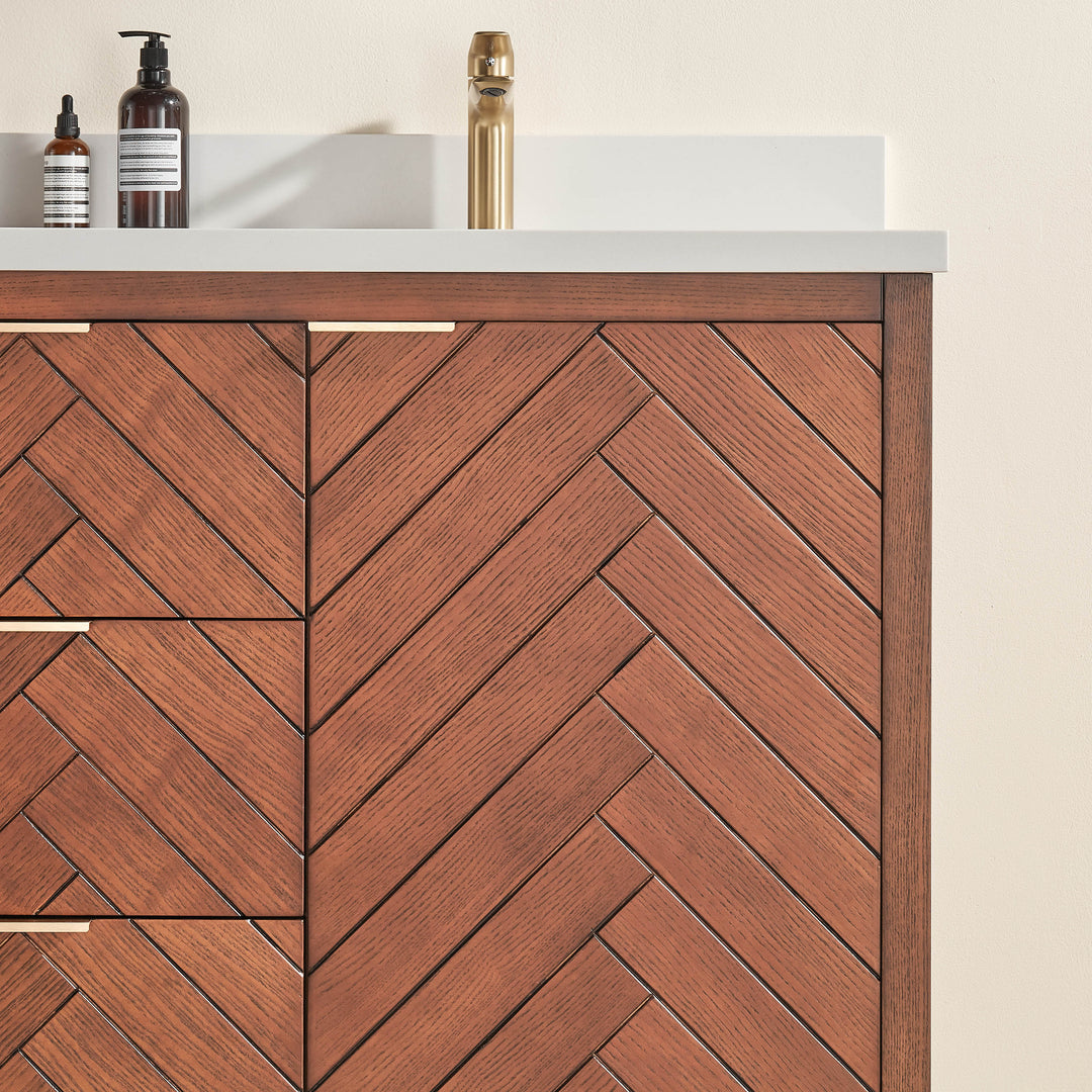 Mira 60" Walnut Solid Wood Double Sink Freestanding Bathroom Vanity with Quartz Countertop &amp; 2 Undermount Sinks | Modern Vanity Canada